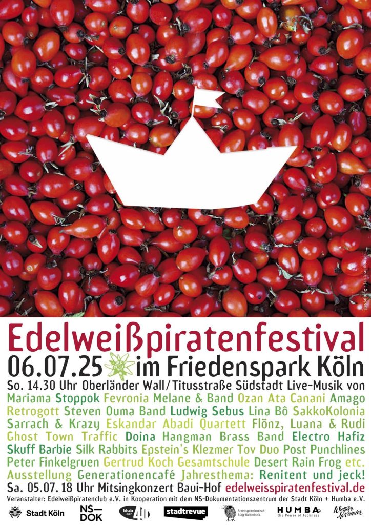 So. 06.07., 14:30 Uhr, Friedenspark Südstadt, Köln
Edelweißpiratenfestival
Mit 25 Bands auf 5 Bühnen, NS-DOK-Ausstellung, Generationen-Café, Essen & Trinken etc. – Kölns lebendes Denkmal zu Ehren der widerständigen Jugend während der Nazi-Diktatur. Jahresthema: »renitent und jeck«.
Live on stage: Mariama, Stoppok, Fevronia, Lina Bô, Ludwig Sebus, Melane & Band, Amago, Steven Ouma Band, Skuff Barbie, Retrogott, SakkoKolonia, Ozan Ata Canani, Eskandar Abadi Quartett, Epstein’s Klezmer Tov Duo, Silk Rabbits, Sarrach & Krazy, Flönz, Luana & Rudi, Electro Hafiz, Doina, Hangman Brass Band, Ghost Town Traffic, Post Punchlines, Peter Finkelgruen, Desert Rain Frog, Gertrud Koch Gesamtschule u.a.
