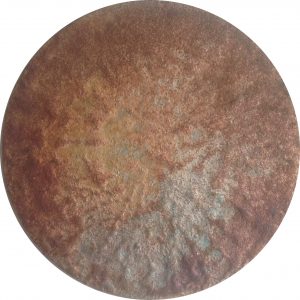 #107 Sand, Pigmente, Chroma Kupfer, Oxido Kupfer patiniert, Stahlwolle, Kochsalz, Kleister, Acryl, Gummi arabicum auf Lw., ø 30 cm, 2017 