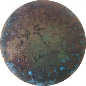 #79 Pigmente, Oxido Kupfer, Chroma Kupfer patiniert, Stahlwolle, Graphit, Gummi arabicum auf Lw., ø 30 cm, 2016