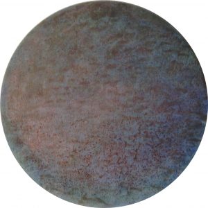 #85 Pigmente, Oxido Kupfer patiniert, Stahlwolle, Salz, Chroma Kupfer, Gummi arabicum auf Lw.,
ø 40 cm, 2016, € 450,-