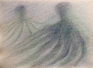 [Octopusse in trübem Wasser] Pastellkreide auf Büttenpapier, 24*32 cm, 2021